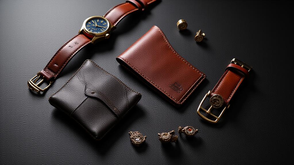 洗練されたメンズレザー財布と腕時計、カフスボタンが上品に並べられている